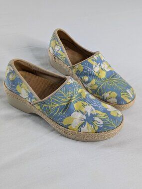 Dansko Victoria Tahiti Blue Yellow Floral Canvas Braided Trim Comfort Shoes Clog
